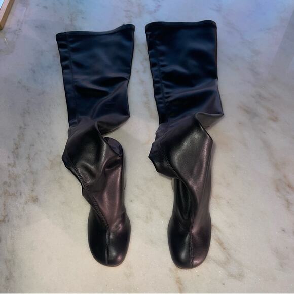 Burberry Black Faux Leather Thigh High Sock Boot with Wooden Circular Block Heel - Picture 6 of 14